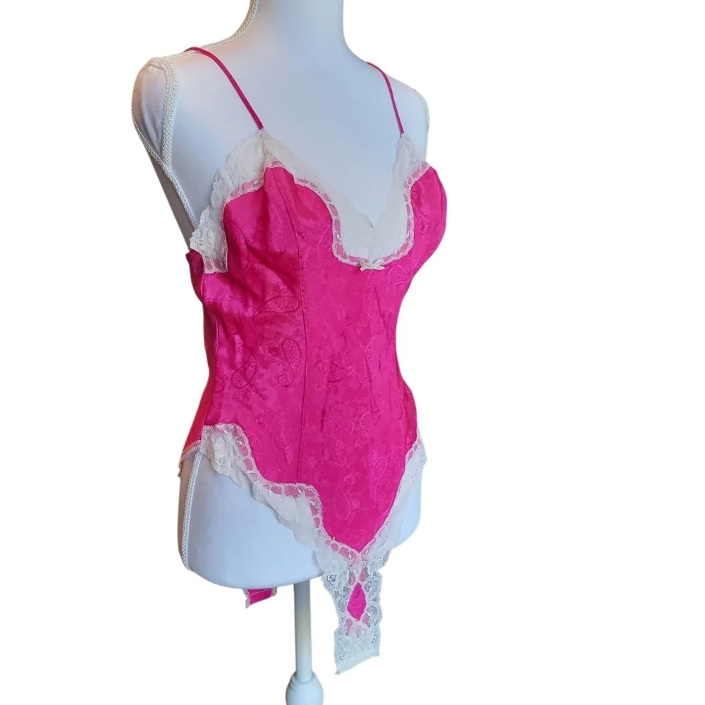 Vintage Delicates Satin Pink Paisley Lace Trim Bodysuit